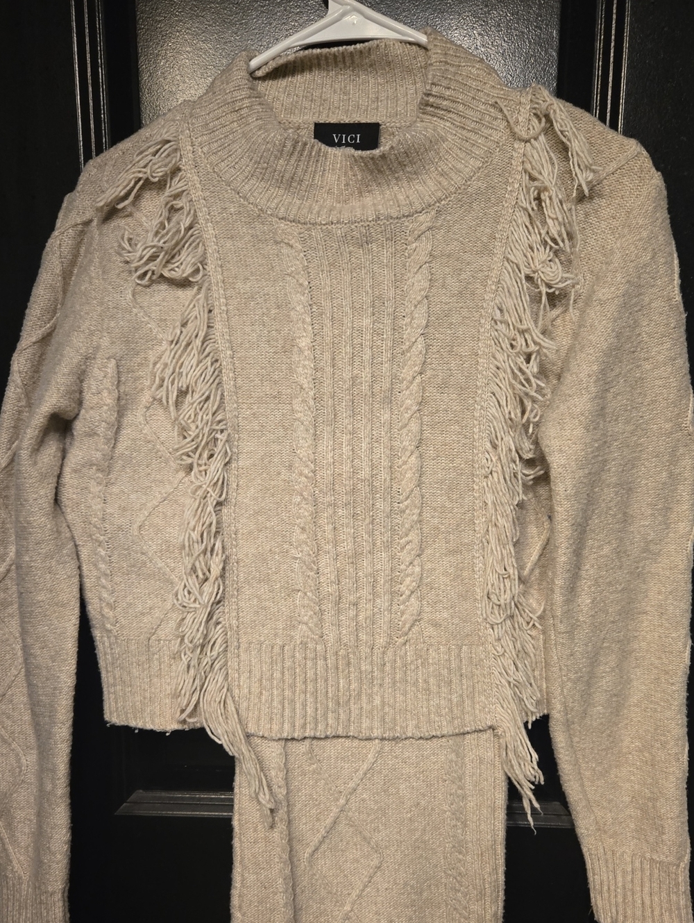 VICI Cream Fringe Cable Turtleneck Sweater Set With Skirt